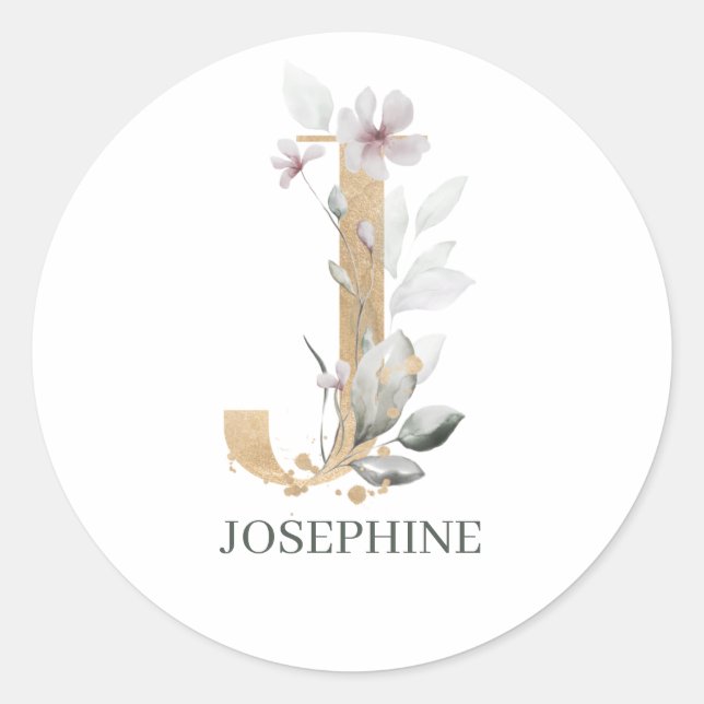 J Monogram Floral Personalised Classic Round Sticker (Front)