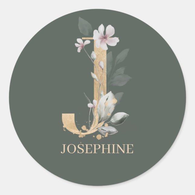 J Monogram Floral Personalised Classic Round Sticker (Front)