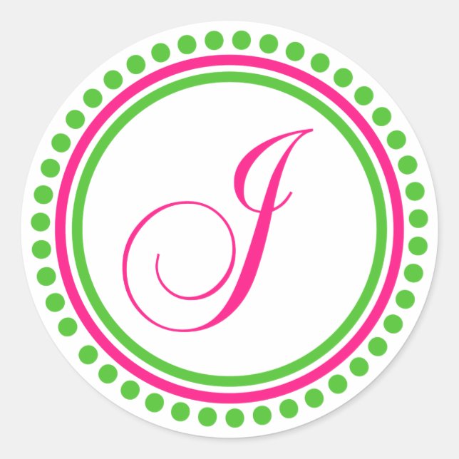 J Monogram (Hot Pink / Green Dot Circle) Classic Round Sticker (Front)