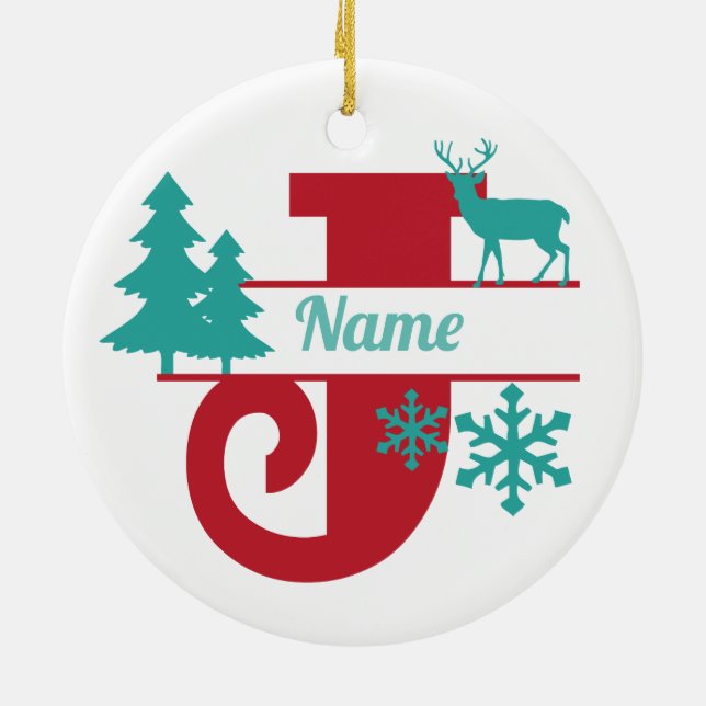 J Monogram Initial Christmas Holiday Tree Ornament (Back)