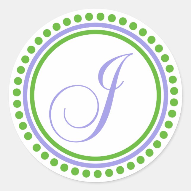 J Monogram (Violet Purple / Green Dot Circle) Classic Round Sticker (Front)