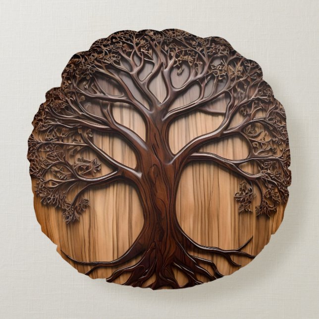 Jacaranda Tree: Nature's Artistry in Wood, Round Cushion (Front)