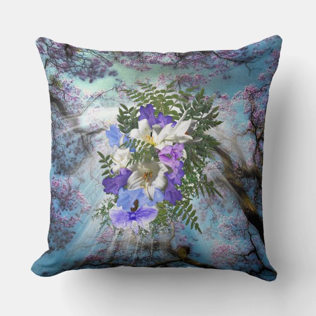 Jacaranda & white lily Bouquet Cushion (Front)