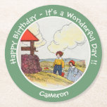 Jack and Jill Mother Goose Birthday Party Items  Round Paper Coaster<br><div class="desc">Nursery Rhyme illustration from "The Real Mother Goose" by Blanche Fisher Wright (1916). An out-of-copyright, public domain image. This is made from a very high resolution image, scanned directly form the original source, and thus offers the highest quality available. Jack and Jill went up the hill, To fetch a pail...</div>