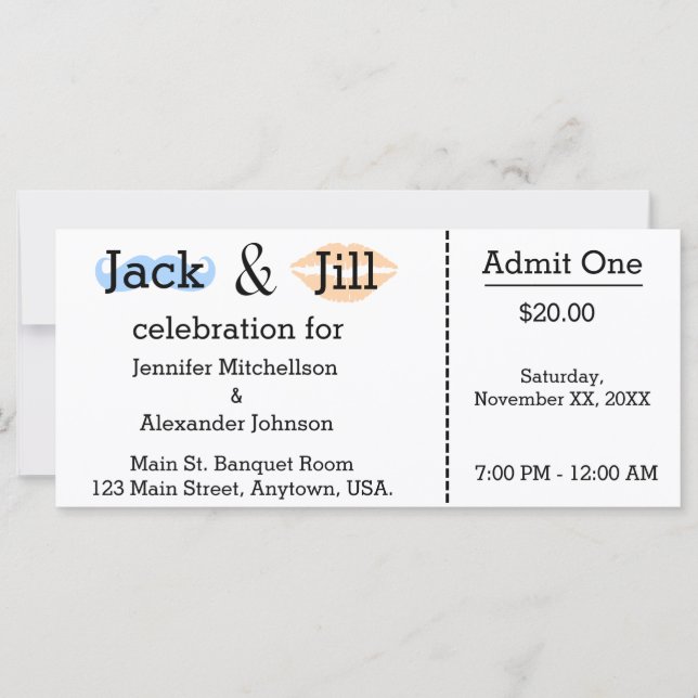 Jack and Jill Moustache & Lipstick Shower Ticket (Front)