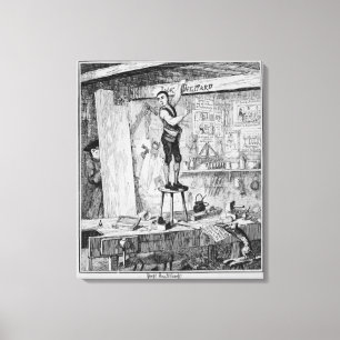 Jack carves his name on a beam in the shop of his canvas print