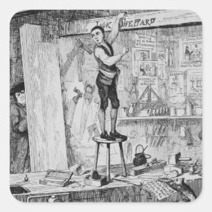 Jack carves his name on a beam in the shop of his square sticker