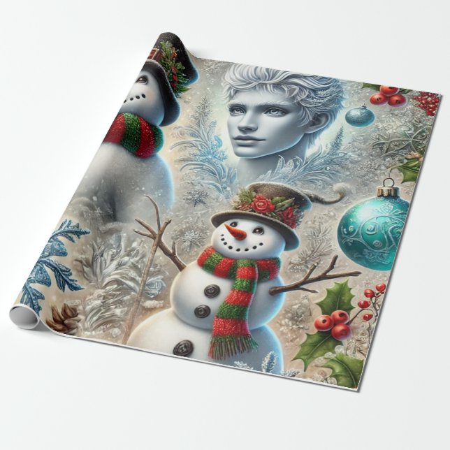 jack frost and snowman christmas theme 2 wrapping paper (Unrolled)