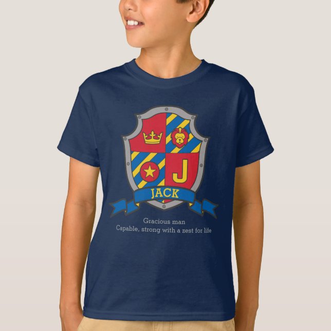 Jack J letter name meaning crest knights shield T-Shirt (Front)