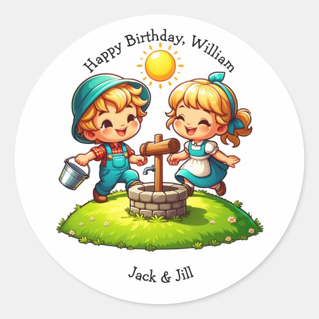 Jack & Jill Nursery Rhyme Birthday  Classic Round Sticker (Front)