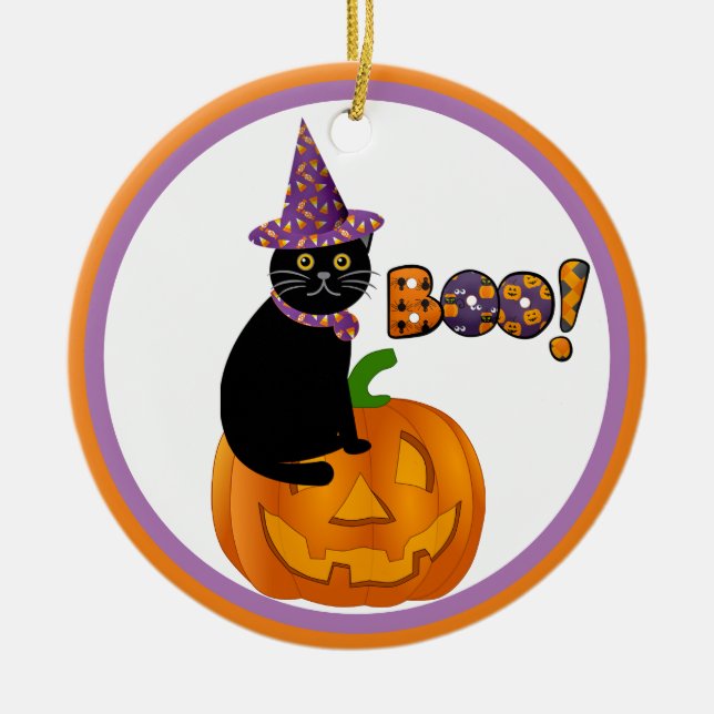 Jack O Lantern and Black Cat Keepsake Halloween Ceramic Tree Decoration (Front)