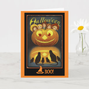 Jack o' Lantern and Black Cats Vintage Halloween Card