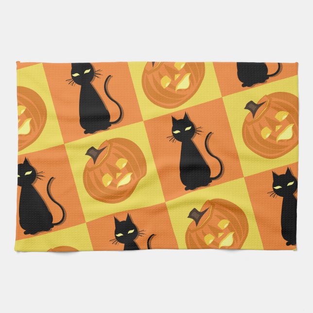 Jack-o’-lantern and cat kitchen towel. tea towel (Horizontal)