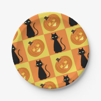 Jack-o’-lantern and cat paper plates. paper plate