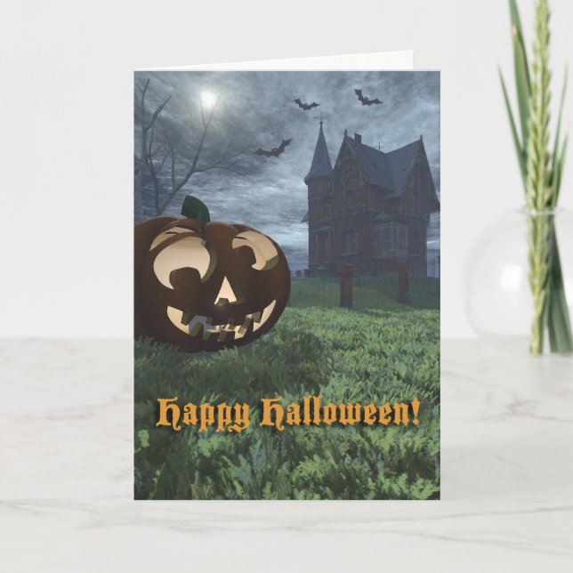 Jack-O-Lantern and Haunted House Halloween Card (Front)