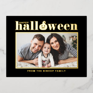 Jack-o'-lantern Black and White Photo Halloween Foil Holiday Postcard