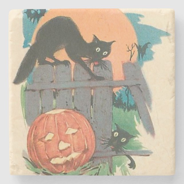 Jack O' Lantern Black Cat Bat Full Moon Stone Coaster (Front)