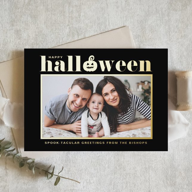 Jack-o'-lantern Black Photo Happy Halloween Foil Holiday Card (Creator Uploaded)