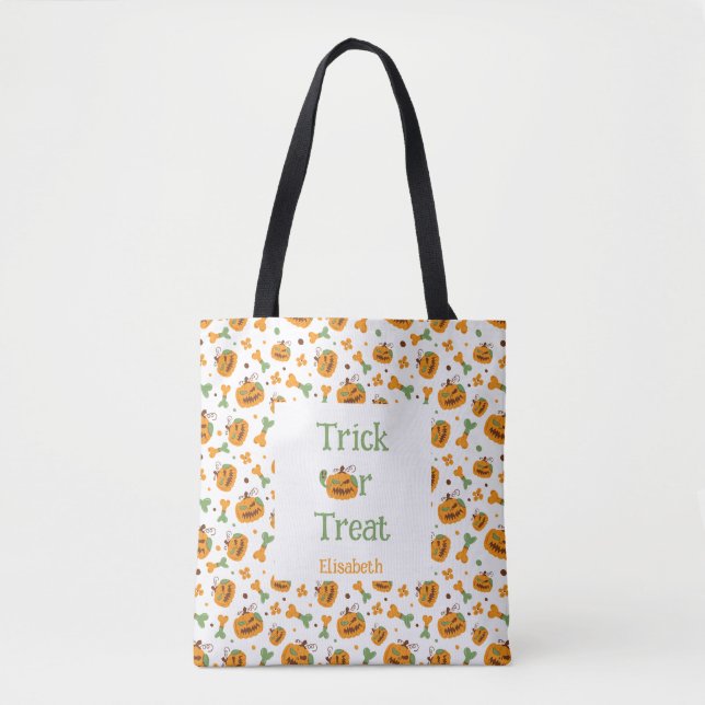 Jack-o-Lantern & Bones Trick Or Treat Personalised Tote Bag (Front)