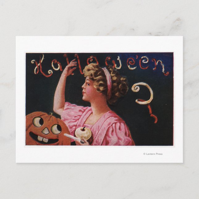 Jack-O-Lantern by Woman Peeling Apple Postcard (Front)