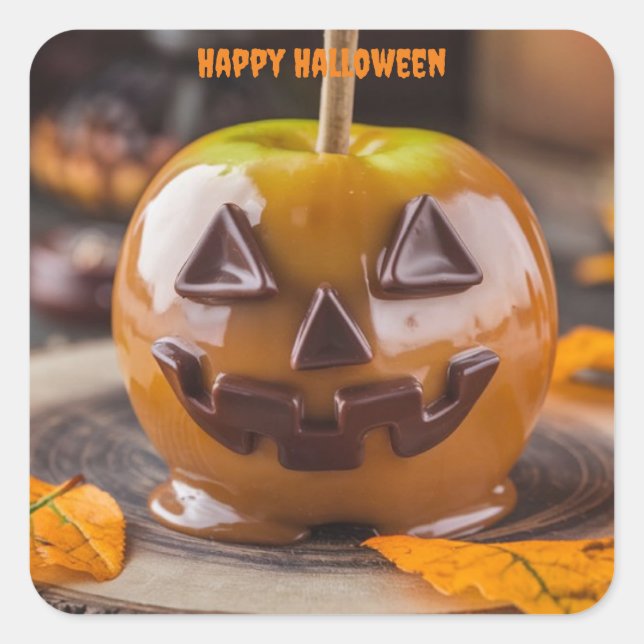 jack o lantern carmel apple happy halloween square sticker (Front)