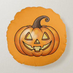Jack O Lantern Cartoon Pumpkin Orange Halloween Round Cushion