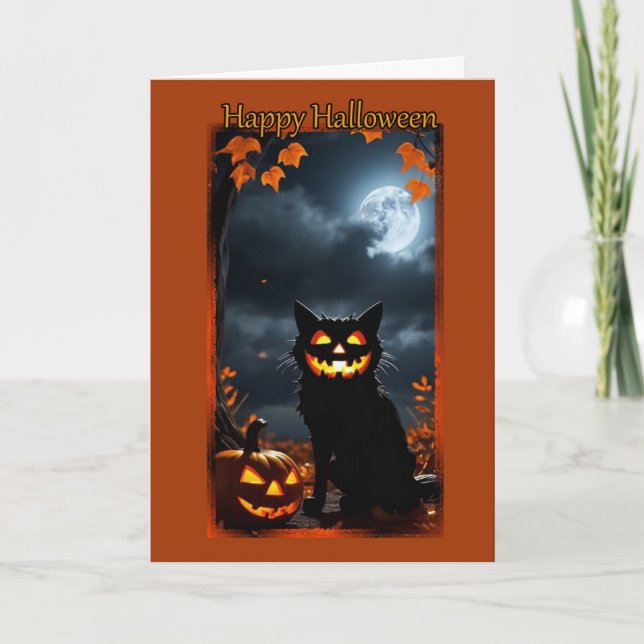 Jack-O-Lantern Cat Halloween Card (Front)