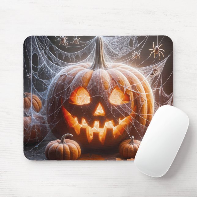 Jack-o-lantern Covered In Spider Webs Mouse Mat (With Mouse)
