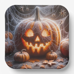 Jack-o-lantern Covered In Spider Webs Paper Plate