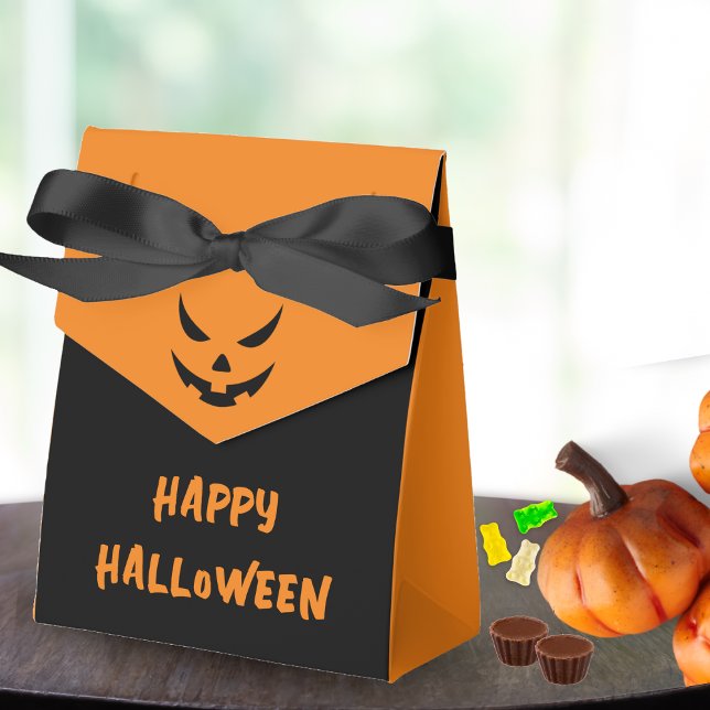 Jack O Lantern Face Pumpkin Black Orange Halloween Favour Box (orange and black jack o lantern pumpkin face happy Halloween  party favor box)