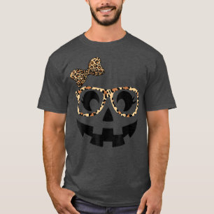 Jack O Lantern Face Pumpkin Hallowen Leopard Print T-Shirt