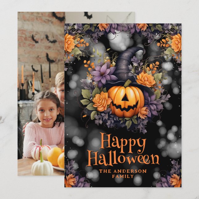 Jack O’Lantern Floral Photo Halloween Card (Front/Back)