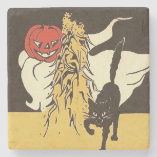 Jack O' Lantern Ghost Black Cat Cornstalk Stone Coaster