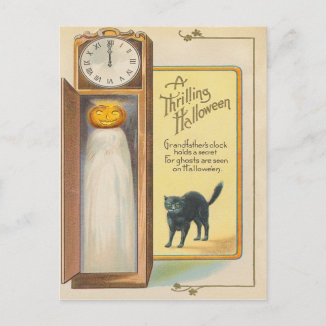 Jack O Lantern Ghost Black Cat Grandfather Clock Postcard (Front)