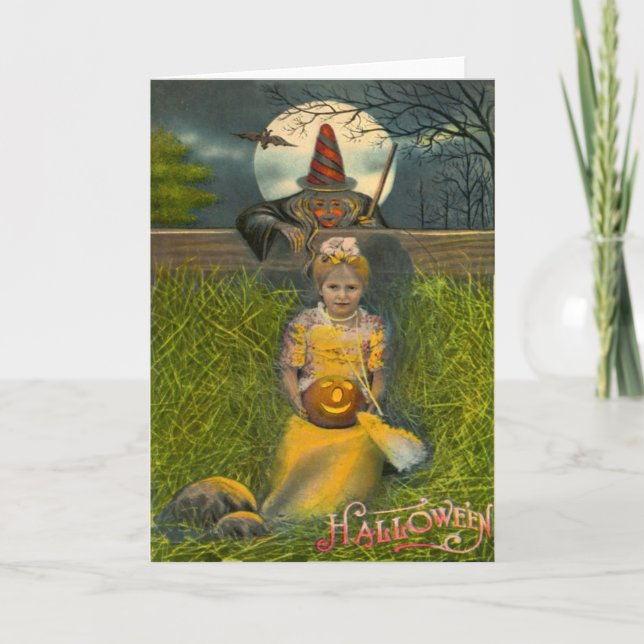 Jack O' Lantern Girl Witch Bat Full Moon Card (Front)
