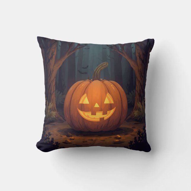 Jack O' Lantern Glowing In The Forest Cushion (Front)