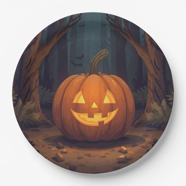 Jack O' Lantern Glowing In The Forest Paper Plate (Front)