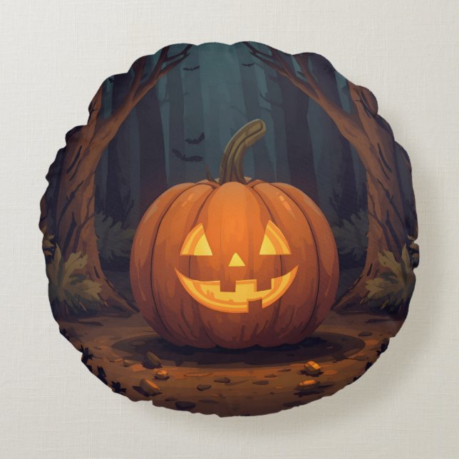 Jack O' Lantern Glowing In The Forest Round Cushion (Front)