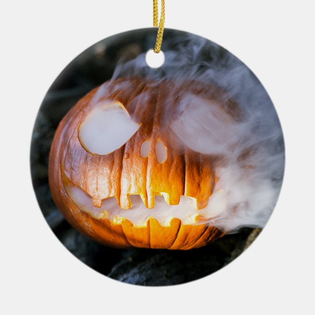 Jack-o-Lantern Halloween Pumpkin Head on Fire  Ceramic Tree Decoration (Front)