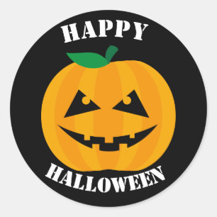 Jack-O-Lantern Happy Halloween on Black Classic Round Sticker