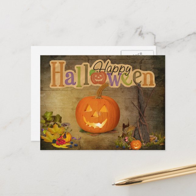 Jack-o-Lantern Happy Halloween Postcard (Front/Back In Situ)