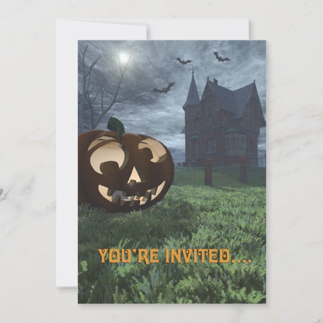 Jack-O-Lantern/Haunted House Halloween Invitation (Front)