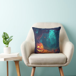 Jack-O' Lantern in a Creepy Forest Halloween Cushion