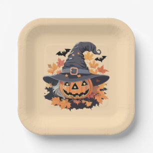 Jack-o-Lantern in Witch Hat Halloween Paper Plate