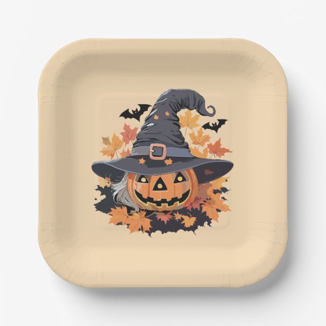 Jack-o-Lantern in Witch Hat Halloween Paper Plate (Front)