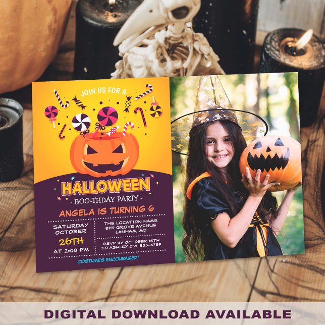 Jack-O-lantern Kids Photo Halloween Birthday Party Invitation (Creator Uploaded)