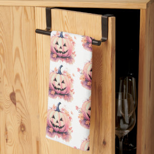 Jack-O' Lantern Orange Leaves White Halloween Tea Towel