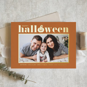 Jack-o'-lantern Orange TurkeyPhoto Happy Halloween Foil Holiday Card