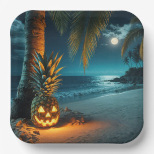 Jack-o-lantern Pineapple On A Beach Paper Plate