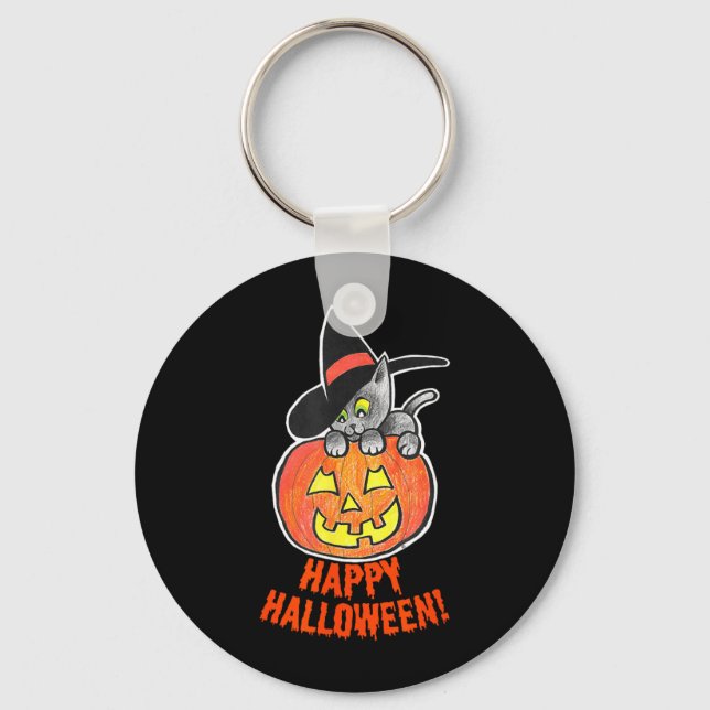 Jack-O-Lantern Pumpkin Black Cat Halloween Key Ring (Front)